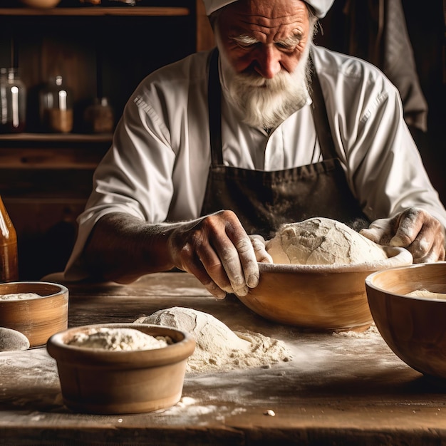 A man with a beard and a hat is making a dough