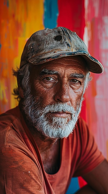 a man with a beard and a hat is sitting in front of a colorful wall