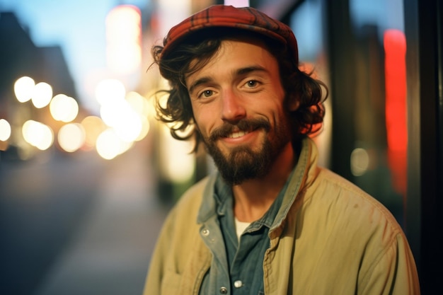 a man with a beard and a hat is smiling for the camera