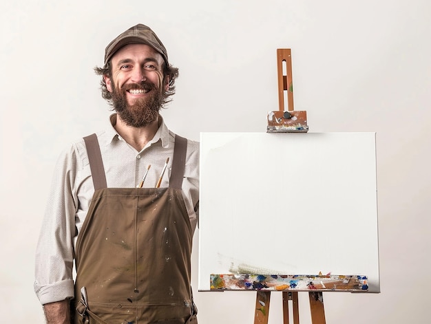 Photo a man with a beard and a hat is standing next to an easel