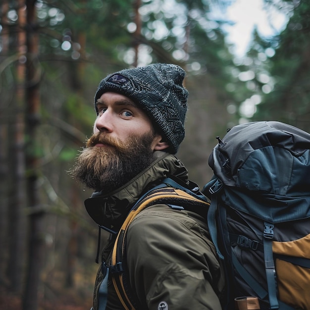 a man with a beard and a hat is standing in the woods