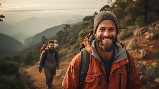 Photo a man with a beard and a hat is walking in the mountains