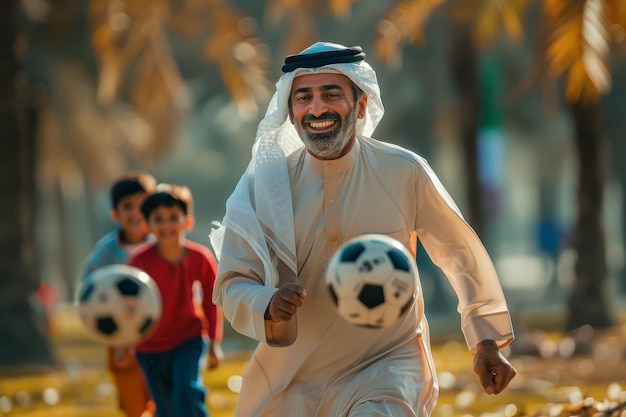 a man with a beard and a hat running with two children in the background