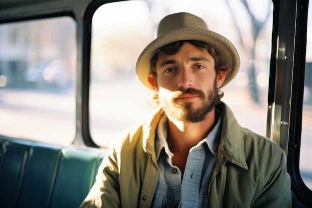 a man with a beard and hat sitting on a bus