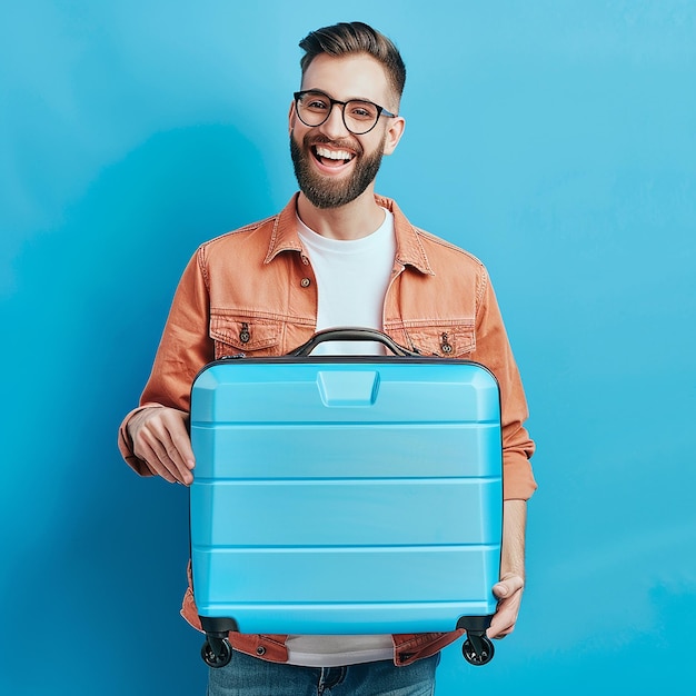 Photo a man with a beard holding a blue box that says quot hes holding it quot