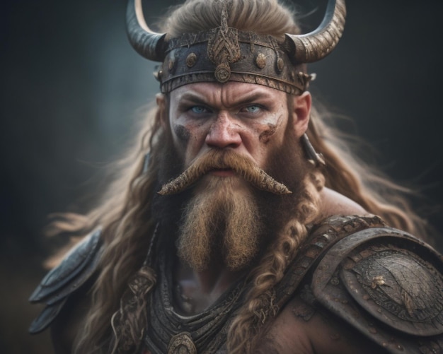 a man with a beard and horns has a long beard and horns.