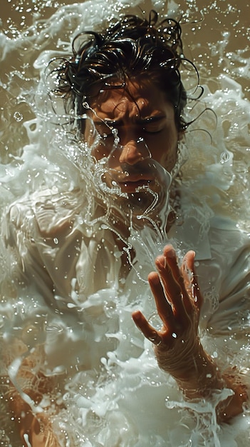 Photo a man with a beard is covered by water