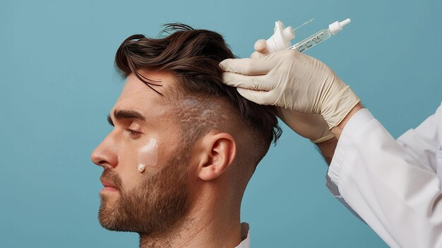 Photo a man with a beard is getting his hair done by a doctor