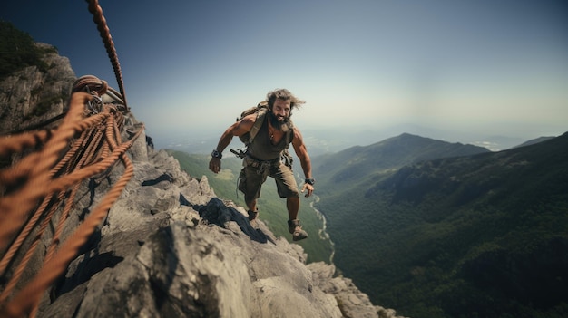 Photo a man with a beard is hiking up a mountain