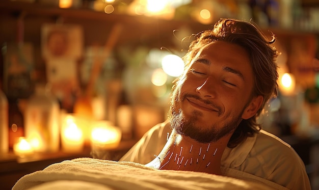 a man with a beard is laying on a bed with his eyes closed