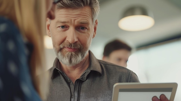 a man with a beard is looking at a laptop screen