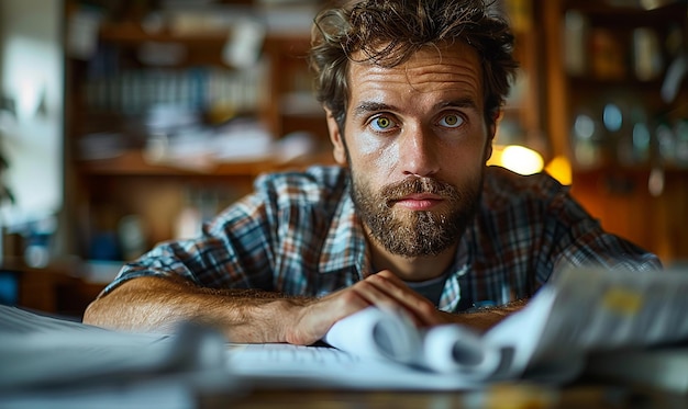 Photo a man with a beard is looking at a newspaper