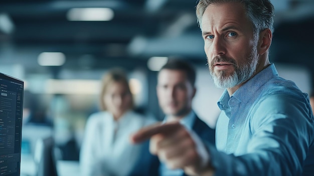 a man with a beard is pointing a remote control in front of his team