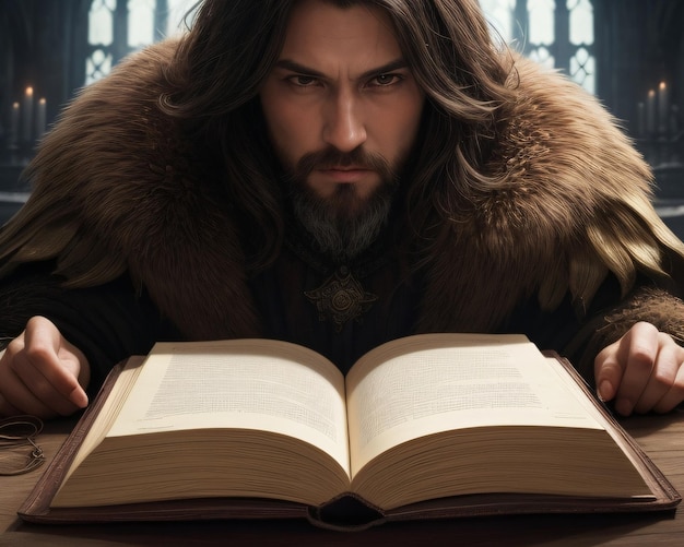 A man with a beard is reading a book by a man.