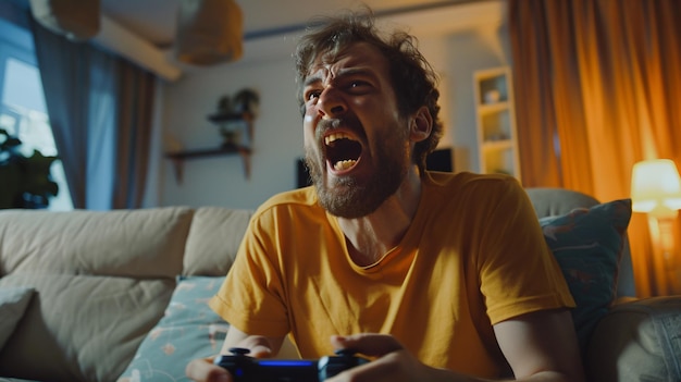 a man with a beard is screaming in front of a video game controller