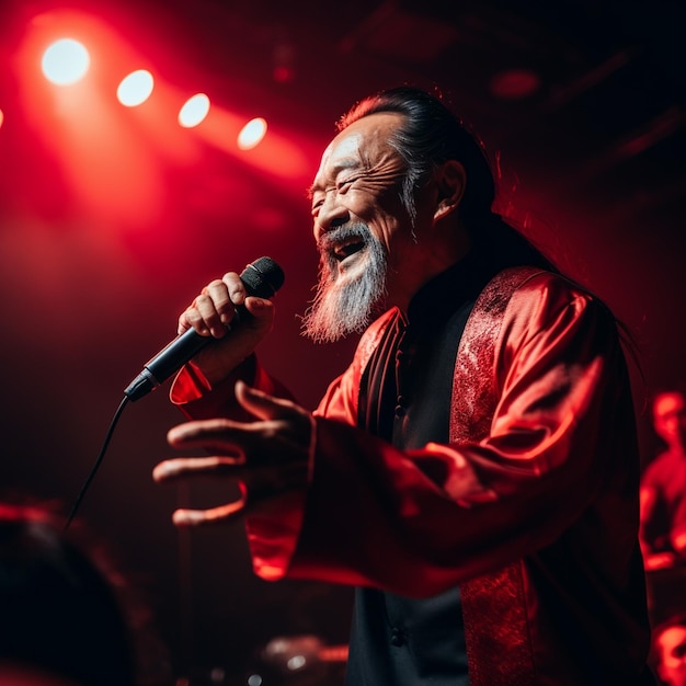 a man with a beard is singing into a microphone.