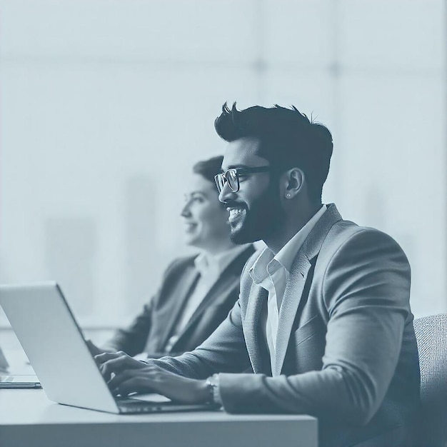 Photo a man with a beard is sitting at a desk with a laptop