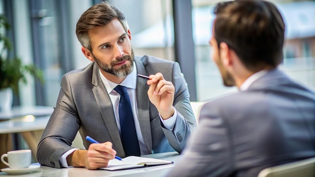 Photo a man with a beard is sitting at a table with a pen in his hand