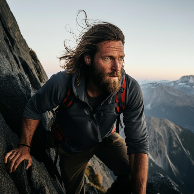 a man with a beard is standing on a mountain with a mountain in the background