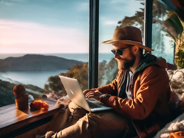 Photo a man with a beard is using a laptop and a window overlooking the ocean