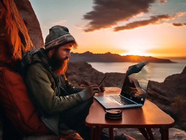 Photo a man with a beard is working on a laptop at a table with a sunset in the background