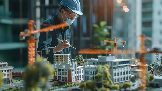 Photo a man with a beard is working on a model of a building