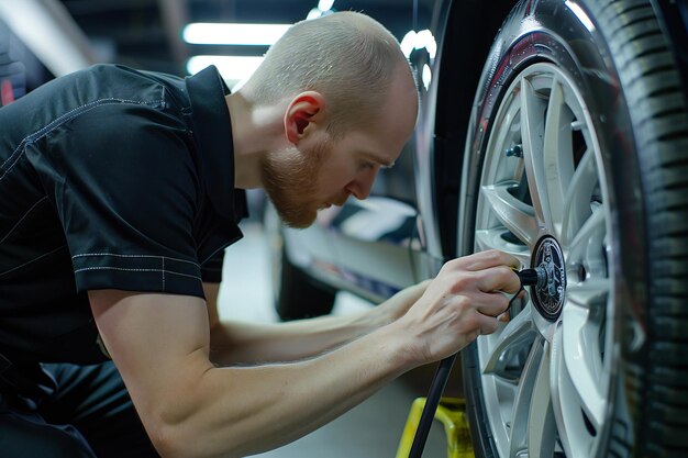 Photo a man with a beard is working on a wheel with a yellow tape