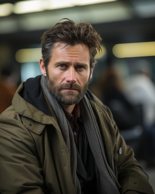 a man with a beard and jacket sitting in an airport