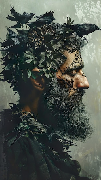 a man with a beard and leaves on his head