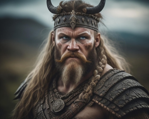 a man with a beard and long hair looks into the distance.