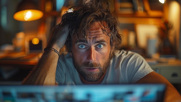 Photo a man with a beard looks at a laptop with a blue eye