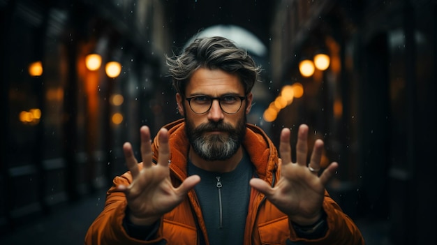 A man with a beard making a gesture with his hands