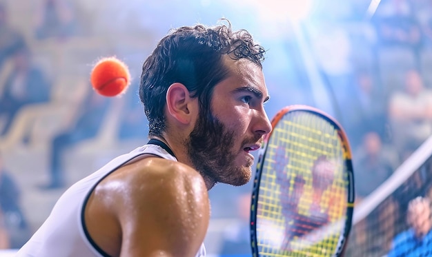 a man with a beard and mustache holds a tennis racket with two balls in the air