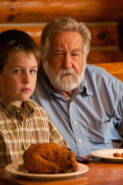 Photo a man with a beard and a mustache is sitting next to a boy