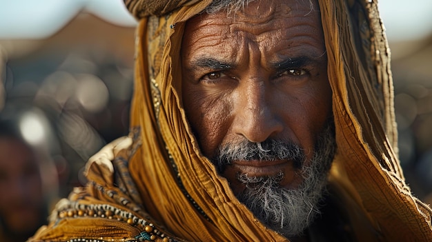 A man with a beard and mustache is wearing a yellow scarf