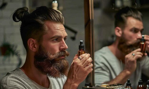 Photo a man with a beard and mustache looks at a bottle of perfume