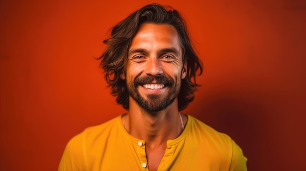 A man with a beard and mustache smiles in front of a red background.