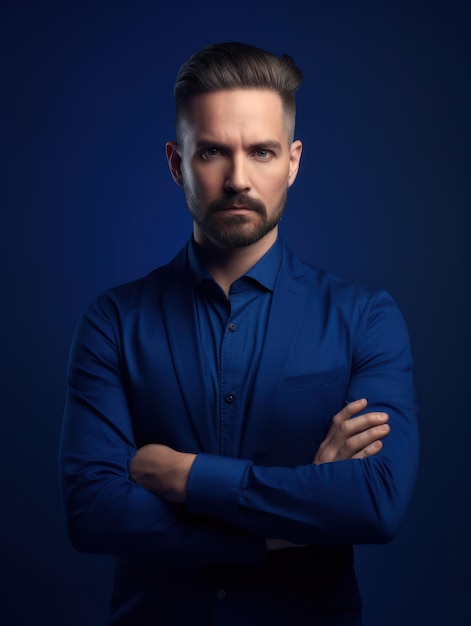 A man with a beard and mustache stands with his arms crossed in front of a blue background.