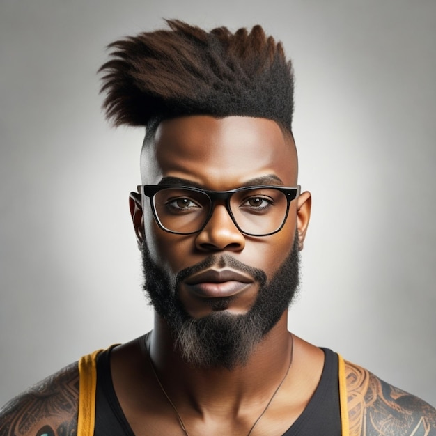 A man with a beard and mustache wearing glasses and a black tank top with a mohawk.