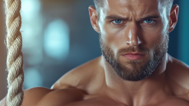 Photo a man with a beard and no shirt posing in front of ropes ai