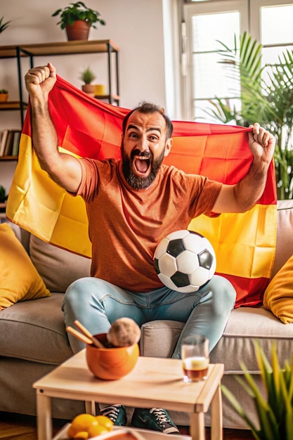 a man with a beard and orange shirt is holding a soccer ball