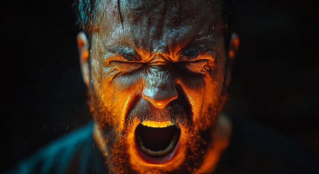 Photo a man with a beard and a red face is screaming the mans face is covered in sweat and his eyes are wide open concept of anger and frustration