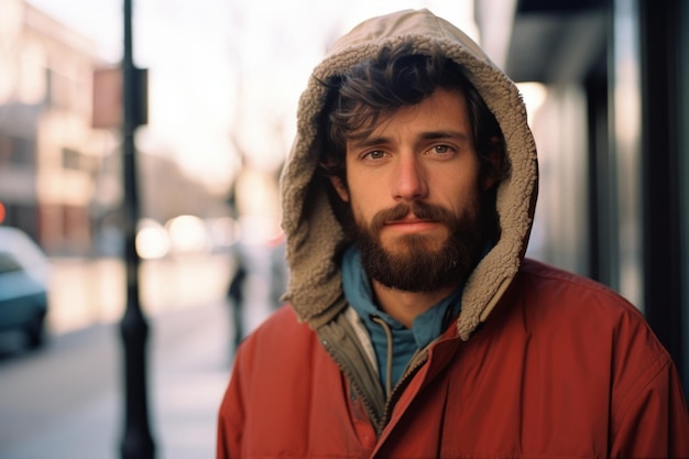 a man with a beard and a red jacket