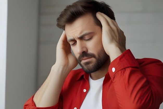 a man with a beard and a red and white shirt that have a headich and in pain