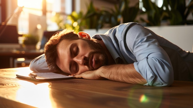 Photo a man with a beard rests his head on a desk in a sunlit office soft sunlight illuminates the space as he naps among lush greenery and office supplies