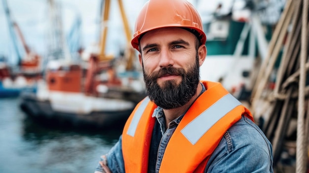 A man with a beard in a safety vest and hard hat poses confidently by the water Fishing boats and harbor equipment are visible in the background on a clear day