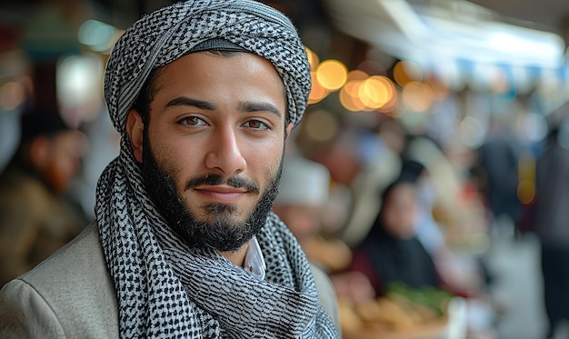 Photo a man with a beard and scarf that says  hes a beard