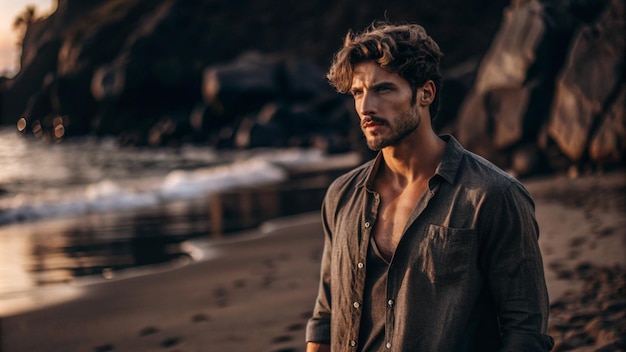 a man with a beard and a shirt on the beach