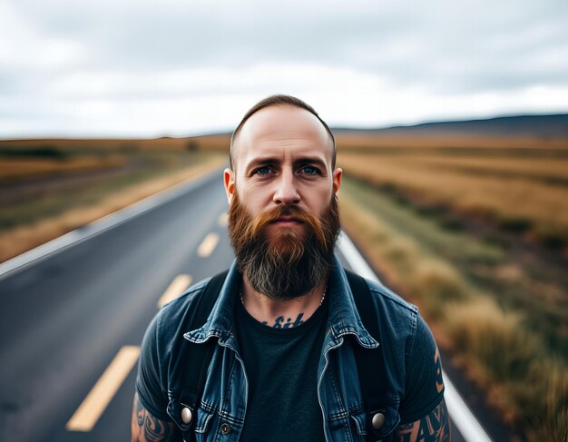 Photo a man with a beard and a shirt that says  bald  on the side of the road