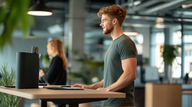 a man with a beard and a shirt that says  he is working on a laptop